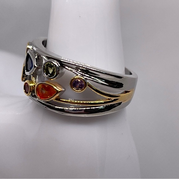 Elegant Multi-color Stone Silver and Gold Ring - Picture 11 of 13